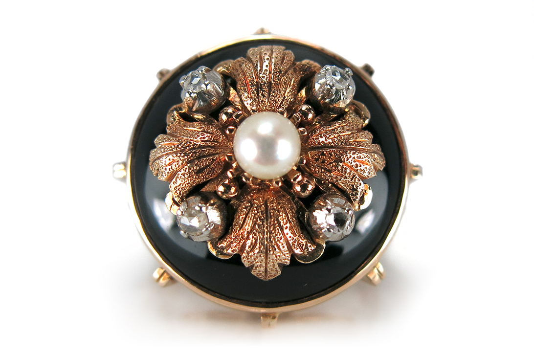 Antiker Ring ca 1930 mit Diamanten + Akoya Perle Onyx Rotgold [BRORS 13222] Foto 03
